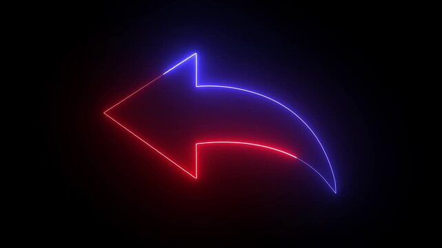 Abstract glowing red blue neon light left curved arrow indicator animation loop on black background for directional pointer social media share reply back sign graphic