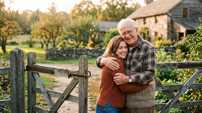 Grandfather and granddaughter hugging affectionately in front of a rustic farmhouse during the "golden hour."