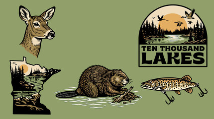 Vintage Minnesota outdoor set with deer, beaver, fishing lure, and lake landscapes, retro vector graphic style for t-shirt design and branding. © brutalism studio