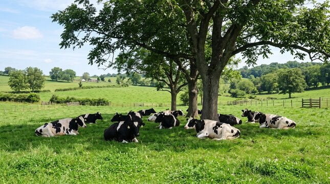 Holsteins resting peacefully in a lush green pasture under the shade of large trees on a sunny day