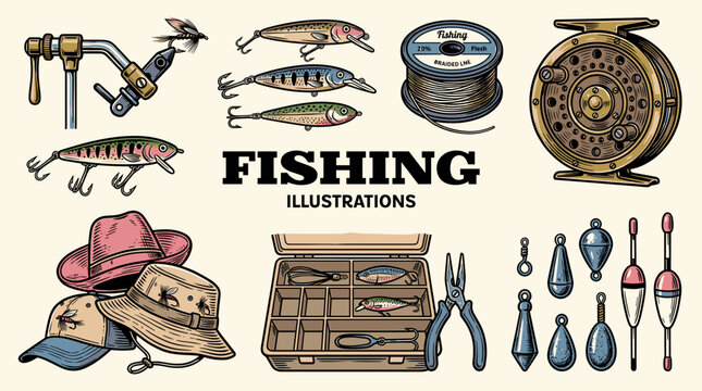 Set of vintage fishing gear elements including lures, reel, hats, and tackle box, retro vector illustration for apparel design and outdoor branding.