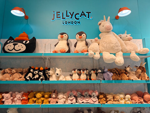 Shanghai,China-Jan.2nd 2026: Jellycat store display shelf with various plush toys