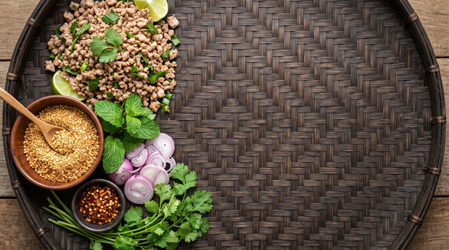 Top down view of Thai Isan spicy minced pork Larb ingredients on bamboo
