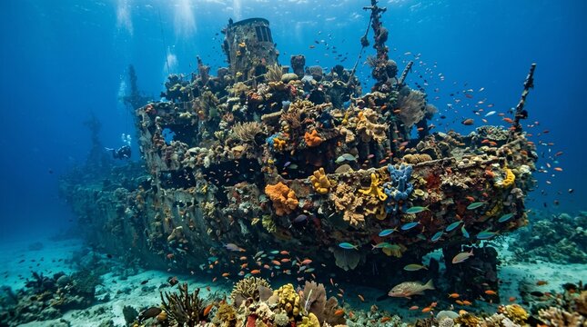 Underwater shipwreck teeming with colorful coral and diverse fish species with a diver exploring the scene
