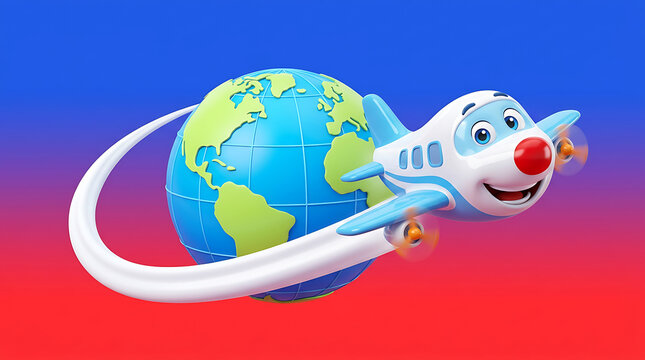 Cartoon airplane flying around globe earth illustration for travel and adventure concept
