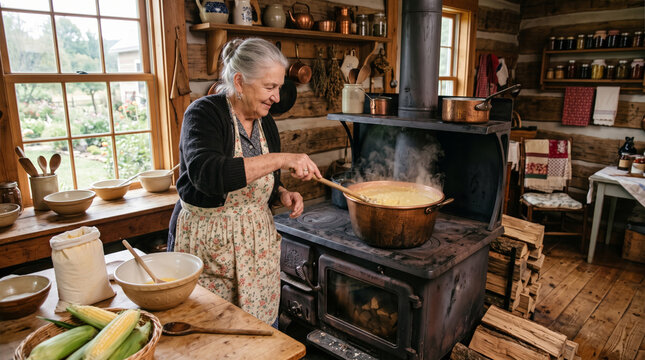 Elderly woman cooking in a rustic log cabin kitchen over a wood burning stove with steam rising from a pot