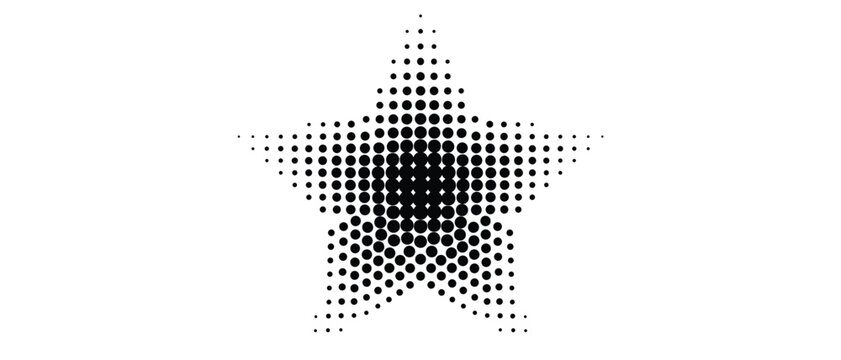 Halftone star shape icon. Dotted gradient pop art star silhouette. Black vanishing polka dot texture symbol isolated on white background. Comic dot pattern star sign. Vector