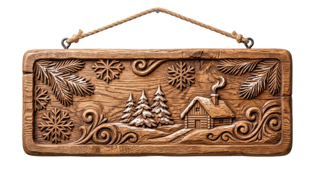 Carved winter sign with solid wooden board, visible natural grain, recessed seasonal carving, softly finished edges, and rustic handcrafted decorative character without readable text. Photorealistic