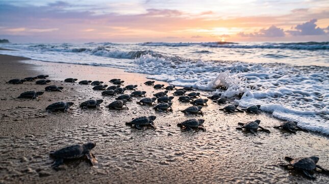 Baby sea turtles migrating towards the ocean at sunrise on a sandy beach with gentle waves