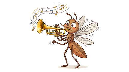Fototapeta premium Whimsical Funny Cartoon Mosquito Insect Character Playing a Golden Trumpet with Floating Music Notes