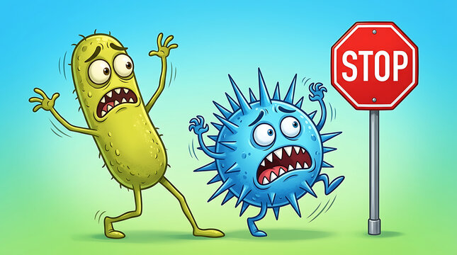 Cartoon bacteria and virus fleeing stop sign, representing health and germ prevention
