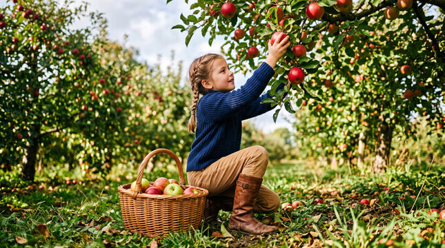Young girl picking ripe red apples from a tree into a basket during autumn harvest season