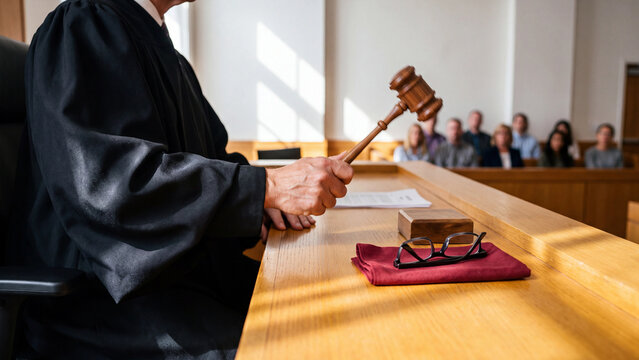 A judge strikes the gavel to make the verdict effective. Concept of a hearing, court session, courtroom, and justice.