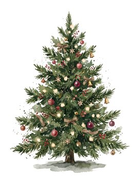 Watercolor Christmas tree decorated with golden ornaments, ribbons, and festive baubles on white background holiday illustration