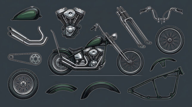 Custom chopper motorcycle technique components and assembly parts for mechanical design project
