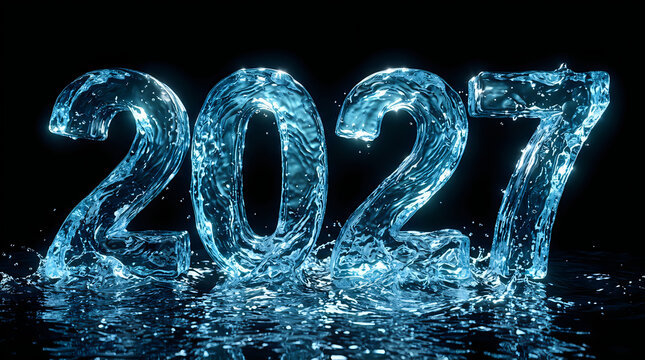 Dynamic 3D numbers '2027' sculpted from clear, splashing water, isolated on transparent background, symbolizing freshness and new beginnings.
