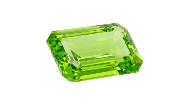 Emerald-cut peridot gemstone with vibrant lime-green color, crisp faceted rectangular shape, brilliant transparency, and luxurious polished finish. Photorealistic, macro front 3/4 view, horizontal