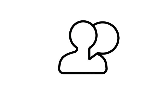 Minimal user-feedback icon rendered as one cohesive black outline symbol, combining a simplified person silhouette and integrated speech bubble, clean modern communication graphic. Photorealistic