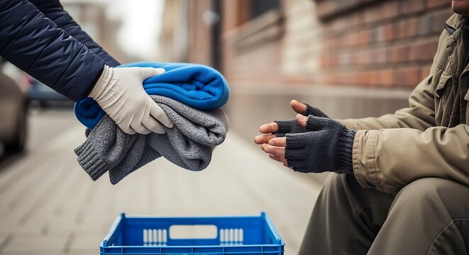 Helping Homeless Person with Warm Clothing Donation on City Street