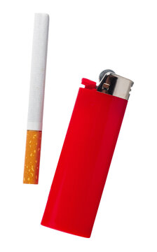 Cigarette and red lighter on a white background in a simple setting