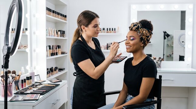 Professional makeup artist applying colorful eyeshadow to a smiling woman in a brightly lit studio with shelves of cosmetics