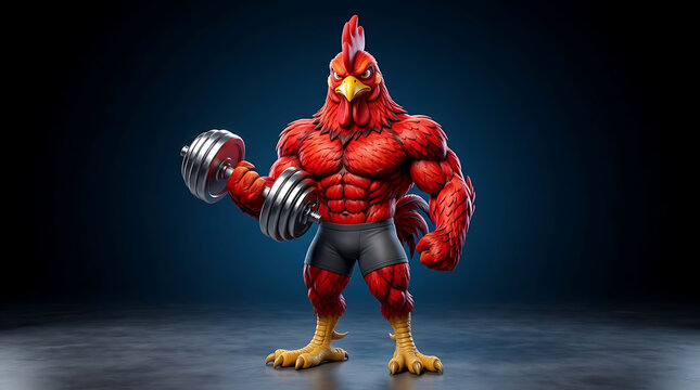 Muscular red rooster holding a silver dumbbell for fitness training and bodybuilding exercise