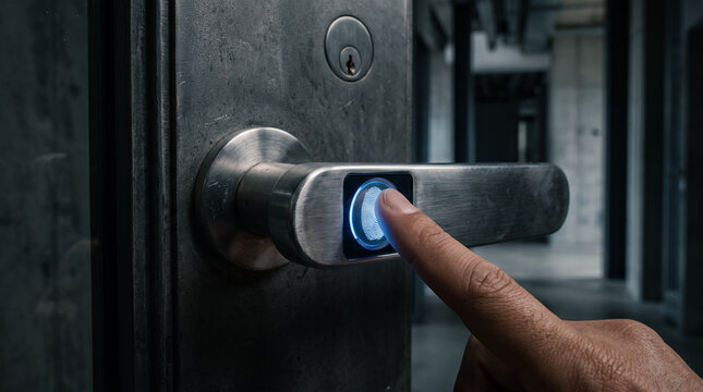Fingerprint biometric security system on modern door lock scanner mechanism for smart home access