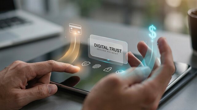Digital trust and secure payment concept with glowing hologram icons on tablet. Online banking security and financial data protection. Cyber safety for electronic money transactions.