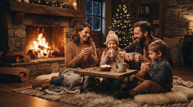 Family enjoying hot chocolate by the fireplace and Christmas tree on a cozy winter evening