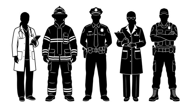 Silhouette icons of professional essential workers including firefighter police doctor and scientist