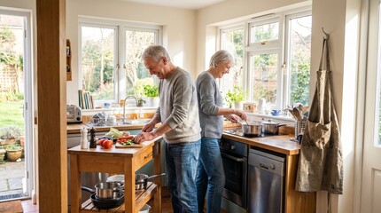 Fototapeta premium Elderly couple happily cooking together in a bright sunlit kitchen preparing a healthy meal