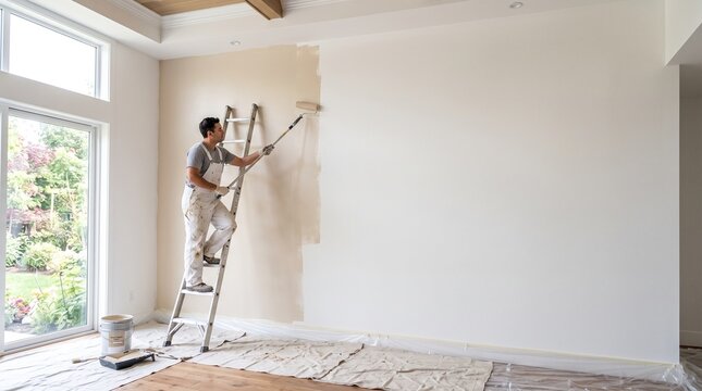 Professional painter in white overalls on a ladder painting a wall with a roller in a bright modern room