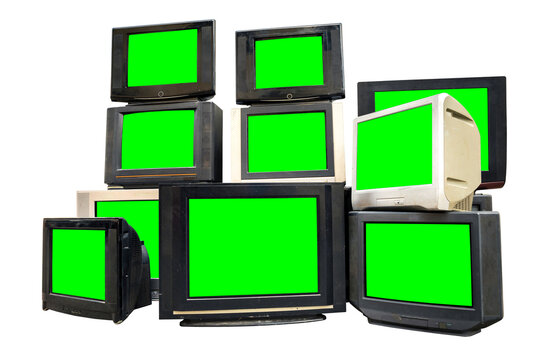 Vintage old televisions stacked with chroma key green screen for designers, isolated on white background with clipping path.