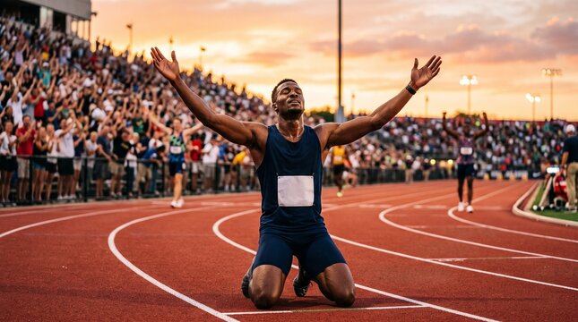 Athlete Kneels in Victory on Track with Arms Raised to the Sky Amidst Cheering Crowd at Sunset