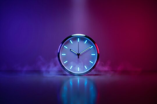 Minimalist analog clock glowing with blue and red neon light in mist lighting abstract background precision deadline countdown timepiece atmospheric reflection circular minimalism creative