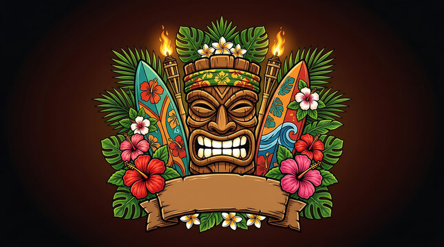 Hawaiian Tropical Tiki Emblem Design with Surfboards Flowers and Torches