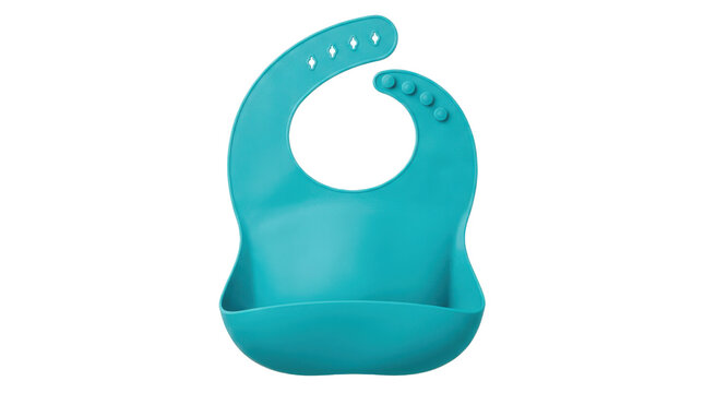 Baby bib with a soft flexible silicone body, wide neck opening, adjustable fastening and deep front catch pocket, designed for clean and practical infant feeding. Photorealistic product photography,