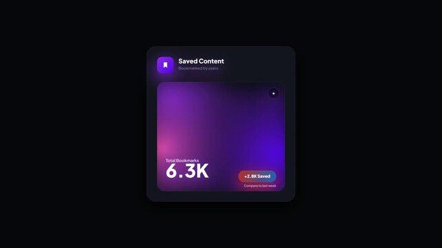 Saved Content Bookmark Card. Social Media Collection Widget. Glowing Gradient UI Card. Content Curation Dashboard. Digital Bookmark Counter. Modern Dark Interface. Animated Social Media Element