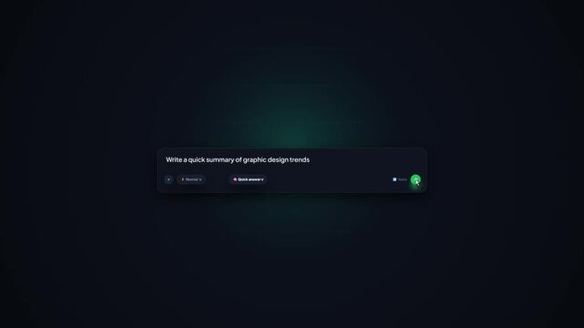 Animated AI prompt text box. Modern UI chat interface element. Artificial intelligence search bar template. Dark mode web component. Motion graphics design asset. Minimalist software display.