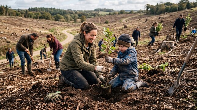 Family and community members planting young trees in a deforested area for reforestation efforts