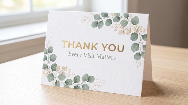 Thank You Greeting card featuring metallic gold text and green eucalyptus leaves rests upon a wooden table.