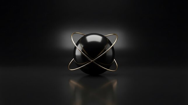 Black sphere with golden rings creating an atomic abstract symbol for technology concepts.