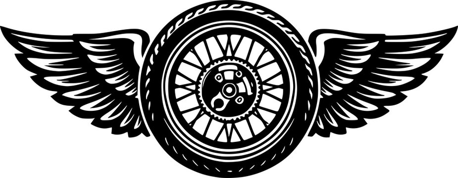 Vintage Motorcycle Wings with Tire Silhouette, Classic Biker Motorbike Vector Style Illustration