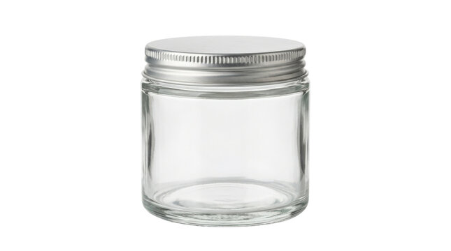 Bath salt jar with a compact cylindrical glass body, wide opening and secure screw-top lid, featuring a clean spa-style container design for storing crystalline bath salts. Photorealistic product