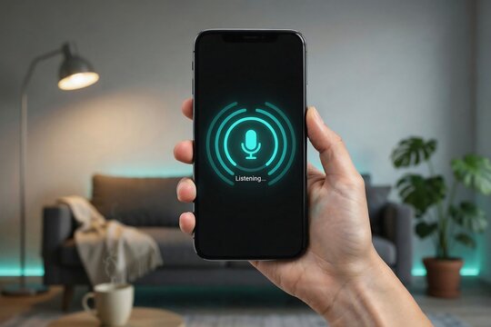 Person holding a smartphone with active digital voice assistant interface on screen in a cozy home setting smartphone assistant microphone interface technology communication activation