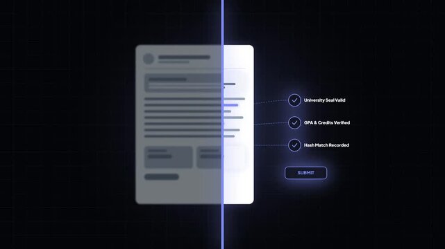 Document validation check scanning. Digital education record verification. Academic transcript blue glow. University seal security UI. High quality motion graphic. Transparent background