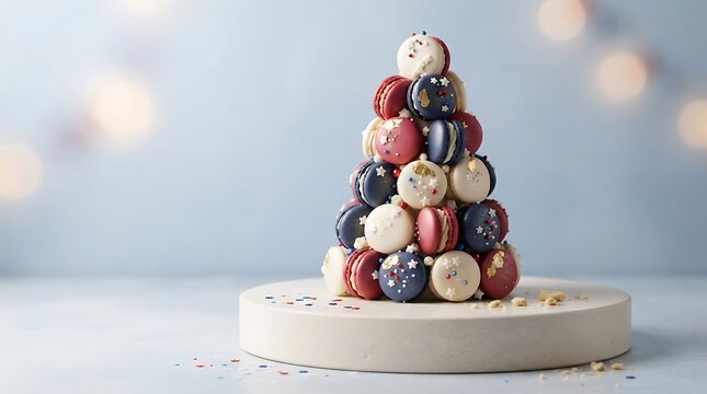 Croquembouche macaron tower in patriotic colors with french macarons dessert tower red white blue sweet pastry confectionery tower fancy dessert luxury pastry holiday treats sweet centerpiece