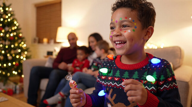 Laughing mixed?race child in Christmas lights ugly sweater celebrates festive family Xmas winter holiday celebration for playful social photography.