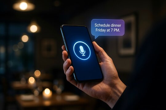 Hand holding a smartphone with voice command assistant icon and schedule notification smartphone assistant technology notification schedule microphone interface interactive software calendar