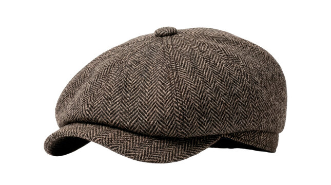 Classic herringbone flat cap with finely woven chevron pattern, structured rounded crown and short curved brim, refined heritage-inspired autumn menswear accessory, photorealistic, front 3/4 view,